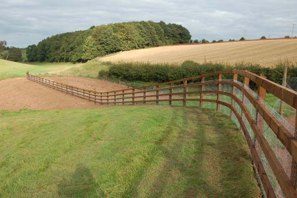 Sawn post & rail fencing treated dark brown with rabbit netting attached.